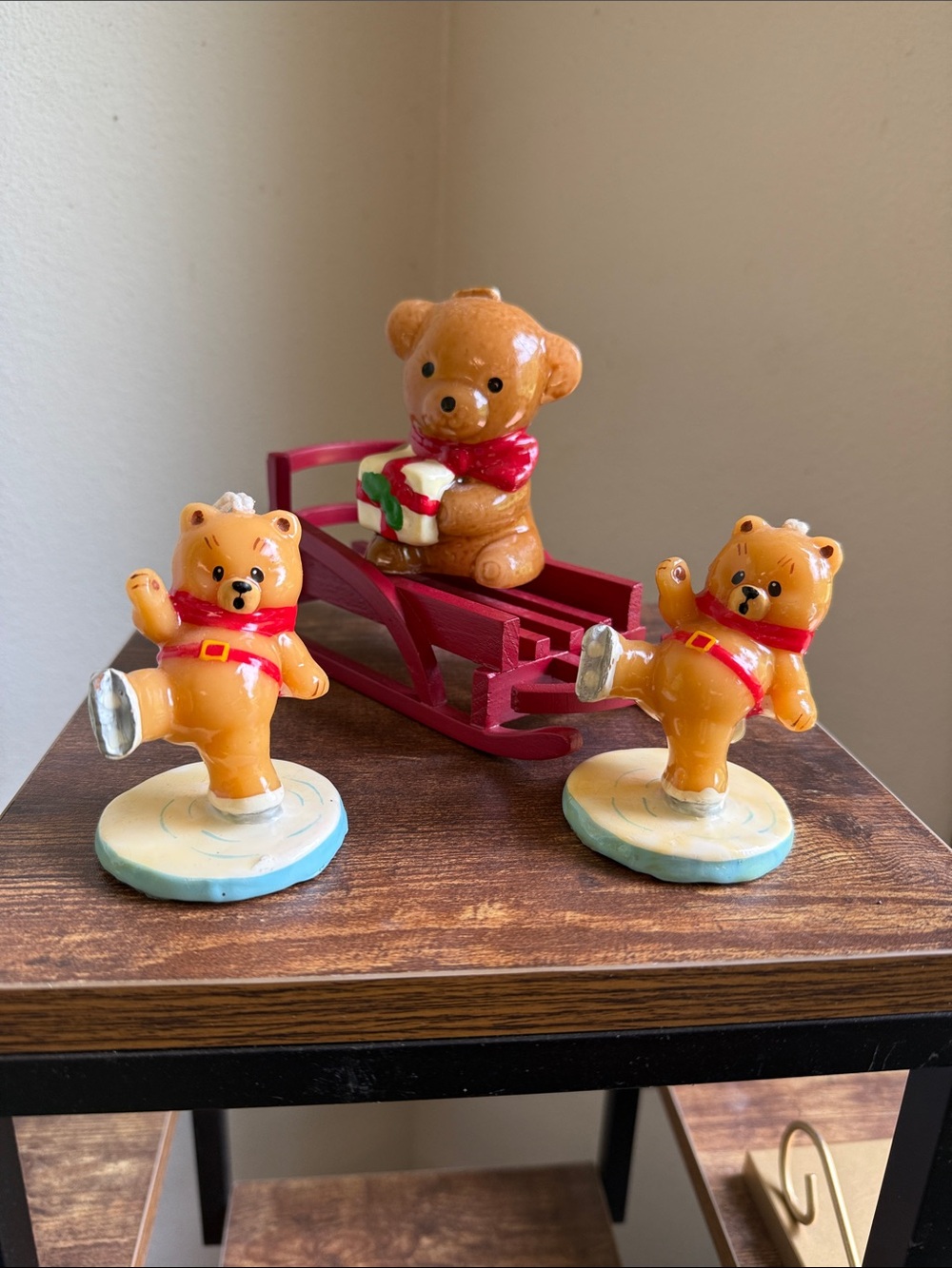 Vintage Holiday Bear Figurine Candle Set with Red Sled and Red Scarves